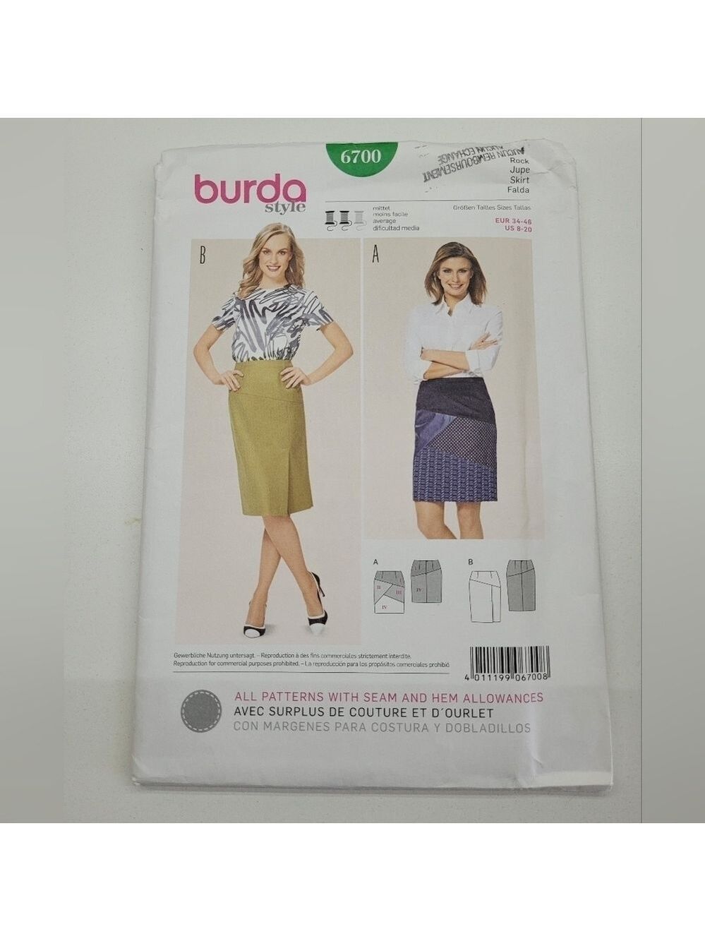 🧵4/$20🧵 Burda 6700 skirt Sewing Pattern Uncut Size 8-20 DIY Supplies